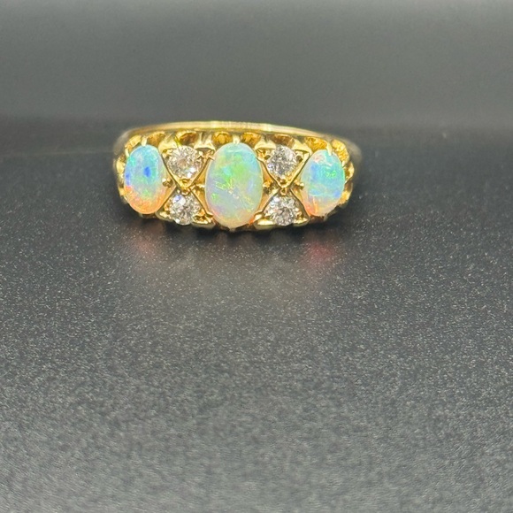 Antique Jewelry - 🔥 Victorian 18ct Gold Opal & Mine-Cut Diamond Ring Fiery 19th-Century Elegance